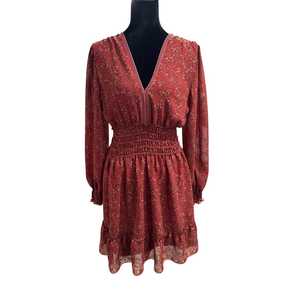 Max Studio Womens Rust Red Floral Smocked Waist V-Neck Mini Dress M 9911Y63